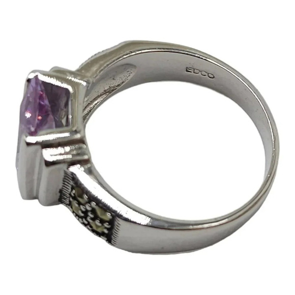EDCO Radiant Cut Purple Faceted Glass Rhinestone Signet Ring Silver Tone Size 8 - Picture 4 of 7
